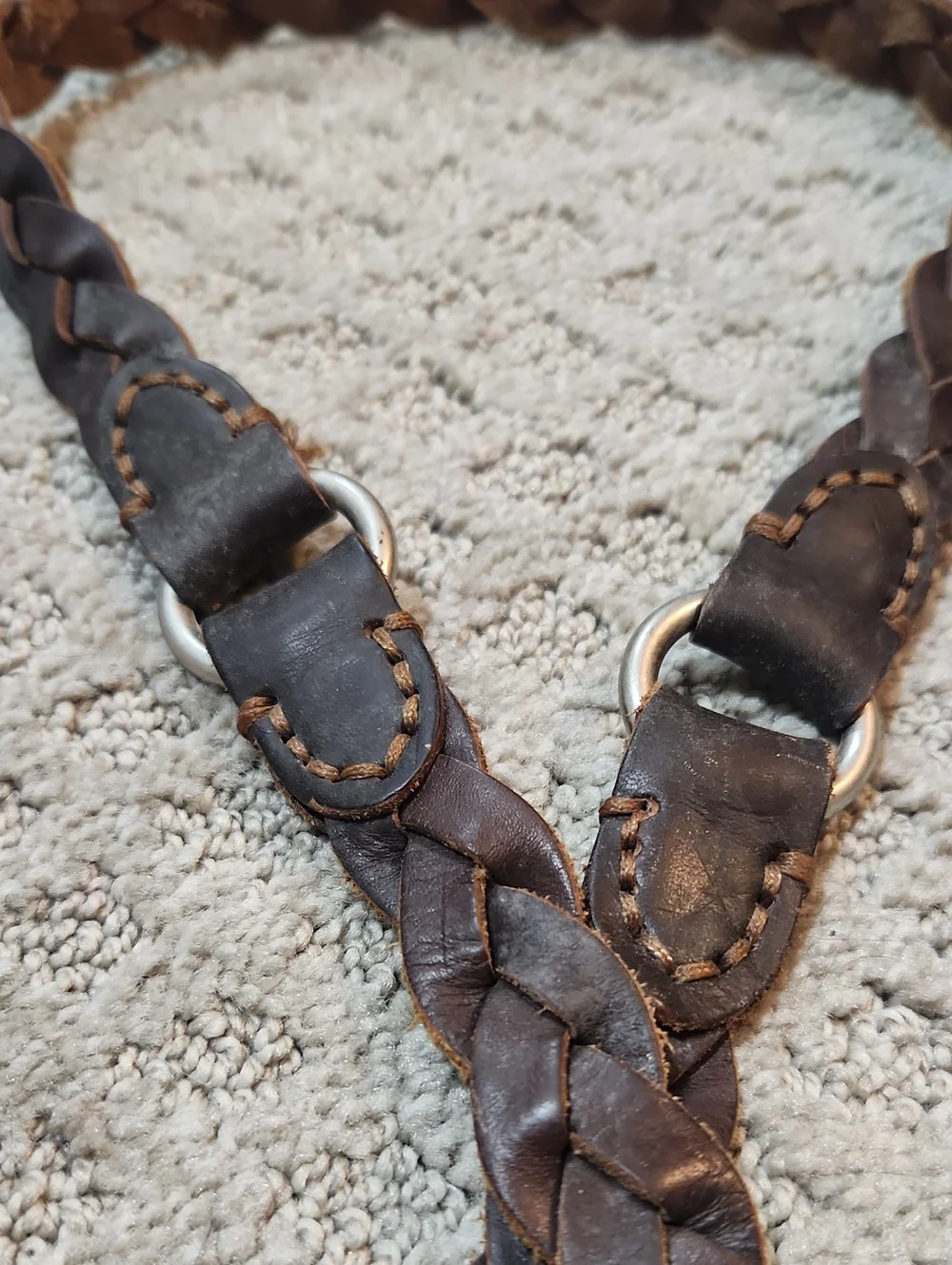 Braided Brown Leather Belt With Silver Tone Buckle & Harness Style Rings Large